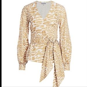 NWT GANNI Printed Puff Sleeve Poplin Wrap Top size 38
